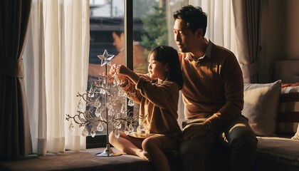 Father and Daughter Decorating a Small Festive Tree by a Window