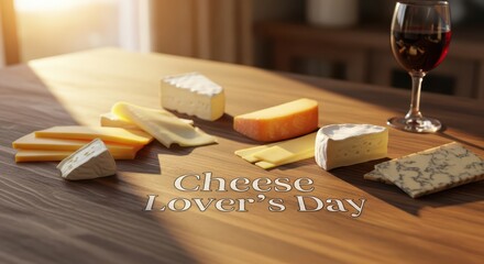 A selection of artisanal cheese and a glass of red wine on a wooden table, set for a cheese lovers day celebration