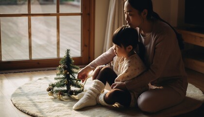 Mother and Child Admire Small Decorative Evergreen Tree by Window Light