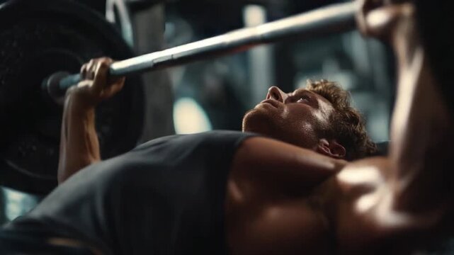 Iron Will: Focused athlete engages in rigorous weightlifting, epitomizing strength and dedication to physical fitness. His muscles strain beneath the heavy weight of the barbell.