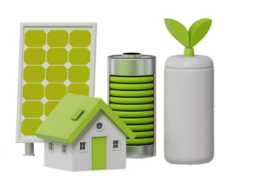 Illustration of a solar panel, battery, house, and plant representing green energy solutions