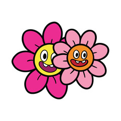 Fototapeta premium Two cute cartoon flower characters with happy faces isolated on white background