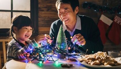 Joyful Father and Child Decorating Miniature Festive Tree with Colorful Lights Indoors