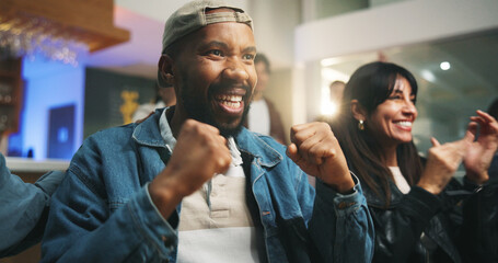Man, fist pump and celebration at sports bar, watching tv or excited for goal in soccer...