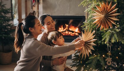 Family Decorating Festive Holiday Tree Together by Cozy Fireplace