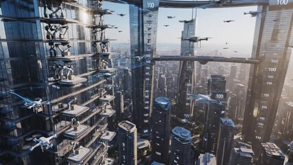 Futuristic cityscape features skyscrapers connected by pathways, with drones delivering packages - Powered by Adobe