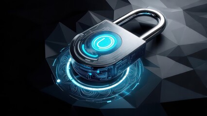 Metallic padlock with glowing tech interface