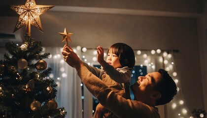 Father and Child Placing Glowing Star on Top of Illuminated Holiday Tree