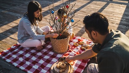 Couple Decorating Small Festive Tree Outdoors on Sunny Day Picnic