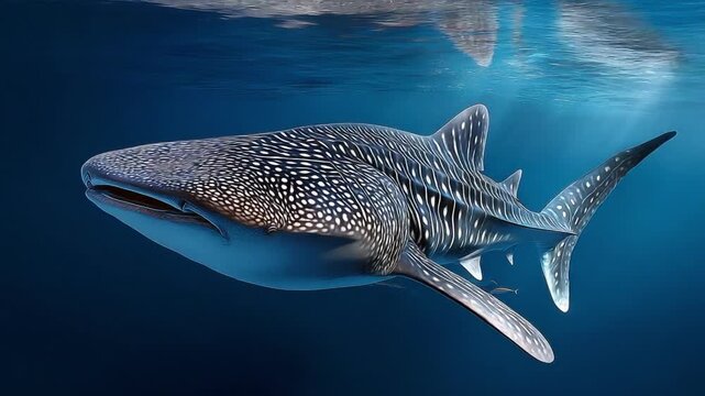 Whale shark in open ocean with dramatic deep-sea lighting and dark blue tones