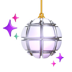 A 3D stylized silver disco ball hanging from a gold chain and surrounded by colorful star elements.