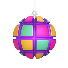 A 3D stylized hanging disco ball featuring a grid pattern with vibrant pink, yellow, and green squares.