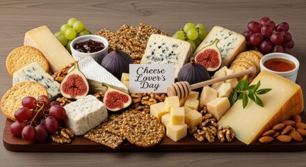 A delightful cheese board featuring a variety of cheeses, grapes, figs, crackers, nuts, and honey, perfect for cheese lovers day celebration