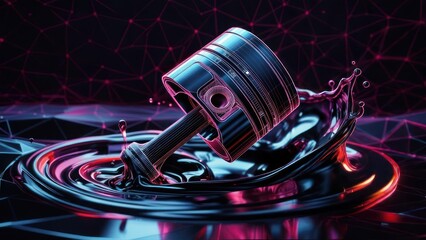 Metallic piston immersed in a splash of dark liquid.  Neon lighting