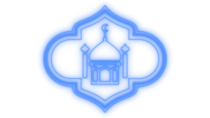 Modern glowing neon mosque icon illustration featuring traditional islamic architecture minarets and crescent moon symbol on ornate blue frame isolated on transparent background