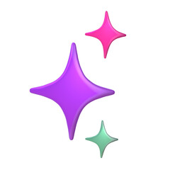 A 3D stylized cluster of three four-pointed stars in purple, pink, and mint green representing a sparkle effect.
