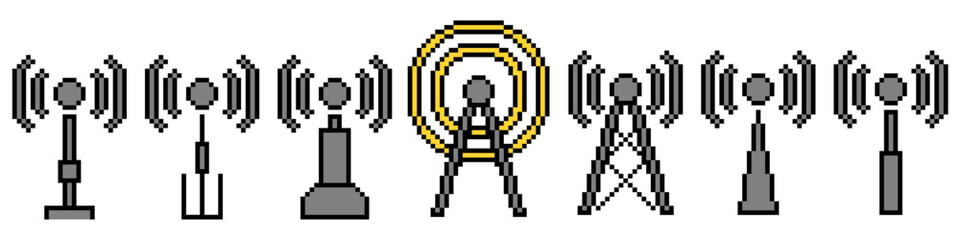 Set Pixel Signal Tower Icon Vector Ideal for gaming, telecommunication, network, and coverage graphics in an 8-bit style. Symbolizes connection, range, broadcast, and communication.