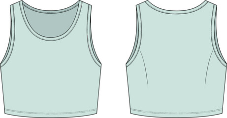 Sleeveless crop top front and back flat sketch, scoop neckline wide strap back dart detail, cad drawing flat vector illustration fashion template