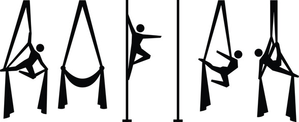 Silhouettes of female acrobats performing aerial silks and pole fitness maneuvers, illustrating artistic circus performance, extreme sport, strength, and grace.