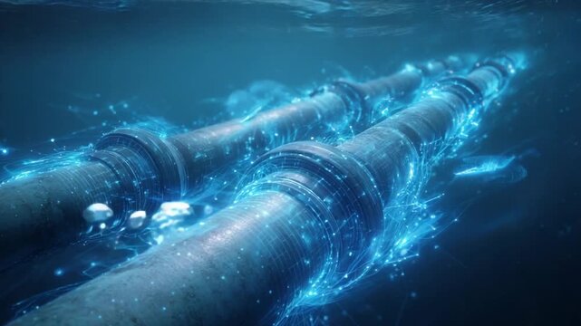 Underwater Pipeline: An intricate network of pipelines rests beneath the ocean surface. The image highlights engineering and resource transport in the deep sea.