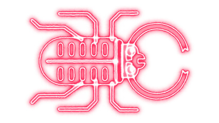 Neon glowing illustration of a technological beetle icon, resembling a circuit board design, representing a concept of debugging or computer virus, isolated on transparent background