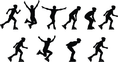 Silhouettes of female gymnasts and dancers performing complex flexibility, handstand, split, and stretching poses, illustrating sport, balance, and discipline.