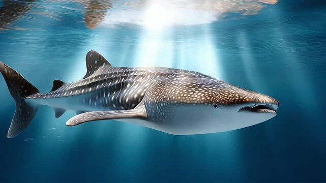 Majestic whale shark swimming gracefully through crystal-clear blue ocean, sunlight rays piercing the water surface