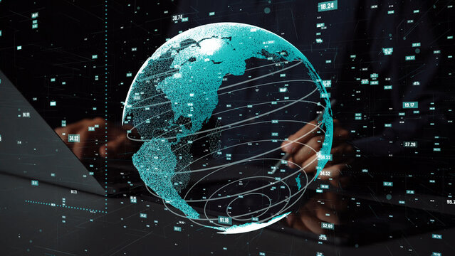 A digital representation of a globe surrounded by glowing data streams highlights the interconnectedness of technology and information in a futuristic setting. Xenic