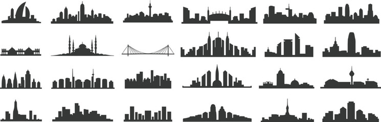 Naklejka premium Extensive vector collection of diverse city skylines, featuring famous landmarks, modern buildings, and global urban architectural elements, isolated.