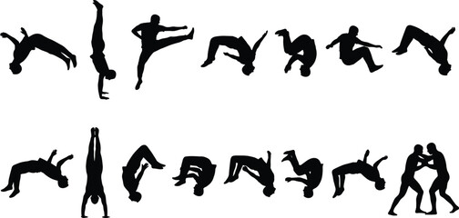 Silhouettes of gymnasts and martial artists performing acrobatic tumbles, backflips, handstands, and grappling, illustrating extreme sport, agility, and combat action.