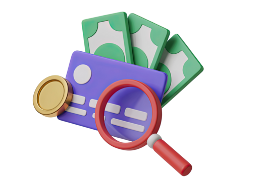 Rendered image of a coin, credit card, cash, and magnifying glass on a black background