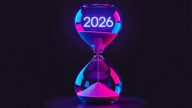 Neon glowing hourglass with flowing sand and 2026 futuristic concept
 - Powered by Adobe