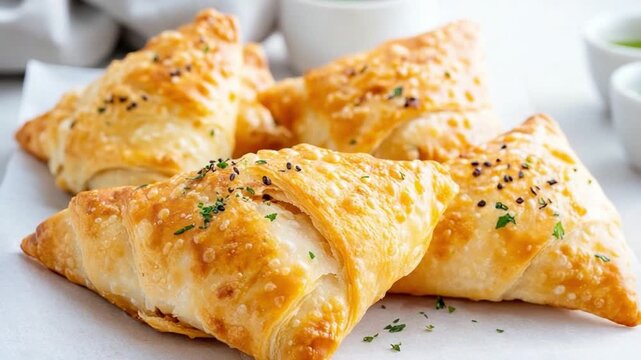 Savory Pastry Delights: A close-up view unveils an appetizing arrangement of freshly baked, golden-brown savory pastries, inviting viewers to savor the delightful textures and flavors. 