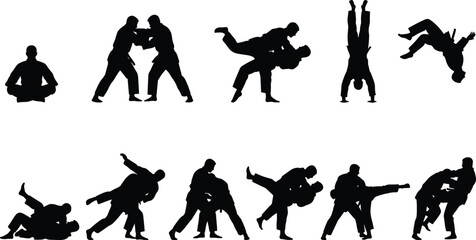 Silhouettes of judo and martial arts fighters performing various throws, grappling, and dynamic combat actions, illustrating defense and traditional sports.