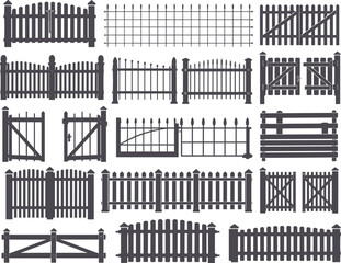 Large collection of diverse fence and gate silhouettes, including wooden picket, metal railing, and garden barriers, vector set.