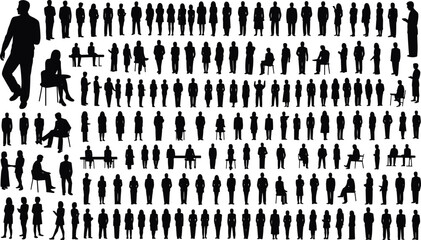 Massive collection of diverse people silhouettes in various poses, including standing, sitting, walking, suitable for architectural scaling elements.