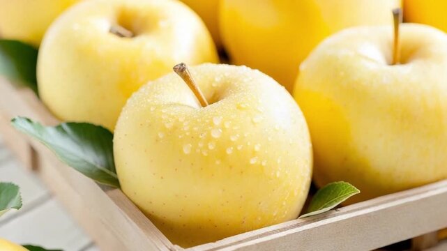 Golden Apples in a Tray: A close-up shot of a wooden tray brimming with luscious, golden apples, their smooth skins glistening, and evoking feelings of fresh produce. 
