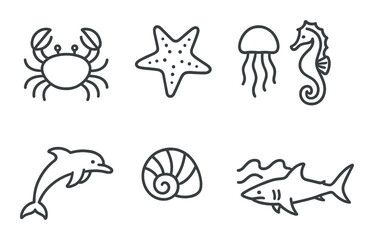 Fototapeta premium Marine animal silhouettes featuring crab starfish jellyfish seahorse dolphin shell shark