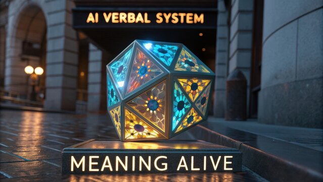 Futuristic geometric sculpture illuminated at night with vibrant colors, reflecting urban architecture and modern technology concepts - Powered by Adobe