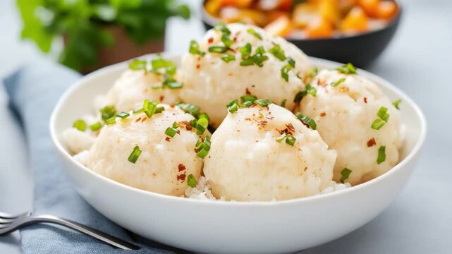 Culinary Delights: A close-up shot presents a delightful culinary creation: fluffy dumplings elegantly arranged in a pristine white bowl. Garnished with vibrant green herbs and delicate spices.