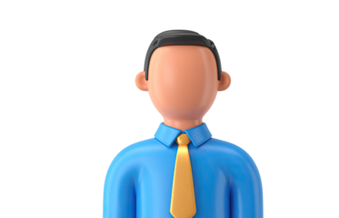 3d rendering of a faceless man in a blue shirt and yellow tie against a black background