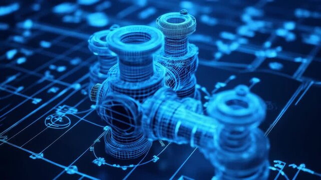 Blueprint of a valve system with outlined cylindrical forms