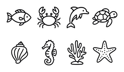 Outline icons of marine animals: fish, crab, dolphin, turtle, shell, seahorse, coral, starfish