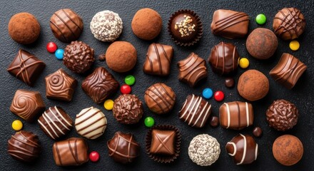 Fototapeta premium An assortment of delicious chocolates and candies arranged artfully on a dark wooden surface for a tempting display