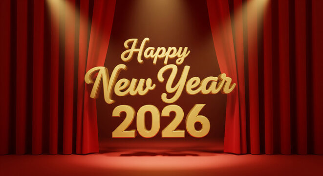 Happy New Year 2026 glittering gold script on vibrant stage curtains with dramatic lighting for celebrations