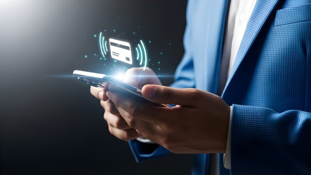 Man using mobile phone for contactless payment holding smartphone with credit card icon modern digital transaction concept isolated on white background - Powered by Adobe
