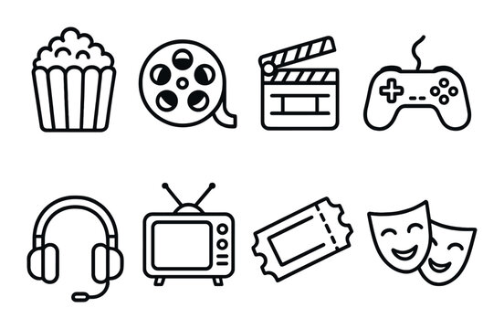 Icons of entertainment: movies, gaming, music, tv, theater, popcorn