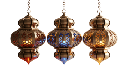 Three ornate hanging ramadan lanterns isolated on transparent background
