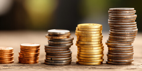 Stacks of Coins on Wooden Surface Representing Financial Growth, Investment, and Savings, with a Blurred Background