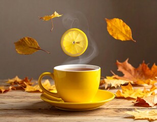 Steaming yellow cup, lemon slice, and autumn leaves